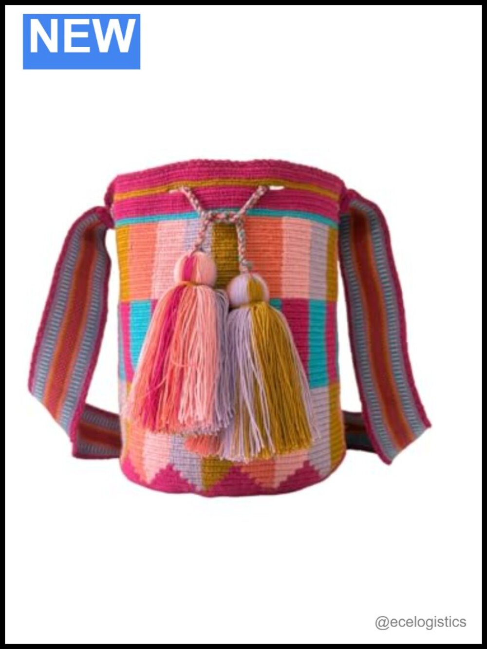 Handwoven Wayuu Mochila Crossbody Bag Boho Bucket Purse Natural Cotton Tassels